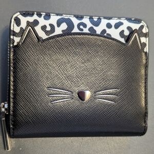 Kate Spade Black Meow Cat Saffiano Bifold Wallet New Leopard